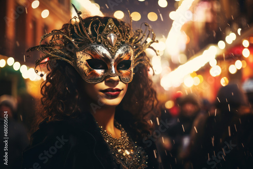 Woman in mask at the street on Mardi Gras Carnival Party