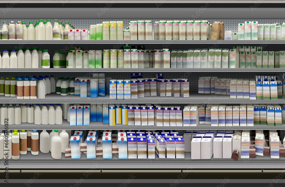 Milk in long open refrigerator at supermarket. This Mockup and illustration is suitable for presenting new MILK design bottles and packagings among many others.