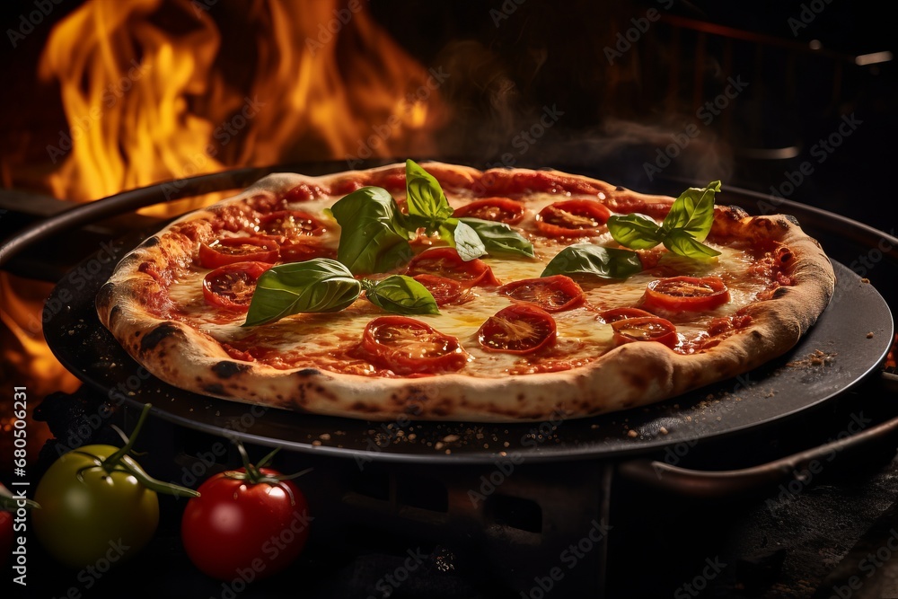Delicious fresh pizza served on black stone table against the oven stove