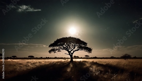 Alone tree on the left in the savanna against a black silhouette background of a stunning moon light scenery. © CreativeStock