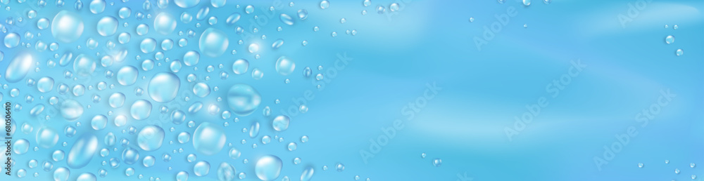 Soft blue blank billboard with realistic 3d pure water drops or condensation on surface. Panoramic banner with rain droplets or dew pattern as a frame. Aqua fresh header with empty place for text