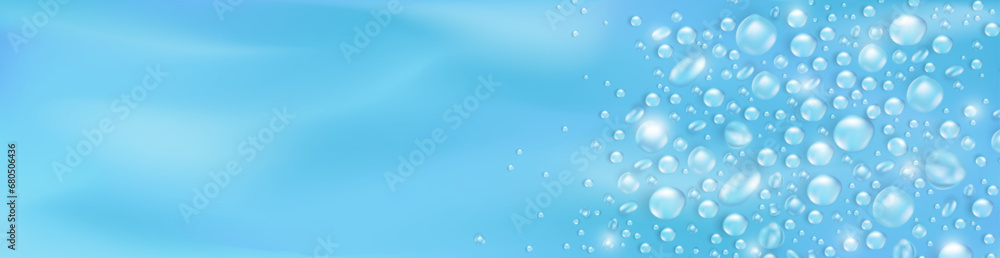 Template of blue panoramic banner with realistic  pure water drops frame and empty space for text. Header with 3d shiny dew, water blobs. Blank billboard with rain droplets or aqua splashes overlay
