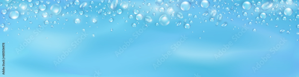 Realistic water drops or dew background with blank space for text. Template of soft blue empty panoramic banner with condensation texture or rain droplets. Aqua fresh header with 3d water bubble frame