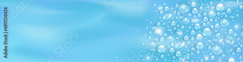 Template of blue panoramic banner with realistic pure water drops frame and empty space for text. Header with 3d shiny dew, water blobs. Blank billboard with rain droplets or aqua splashes overlay