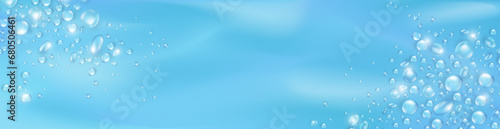 Soft blue blank billboard with realistic 3d pure water drops or condensation on surface. Panoramic banner with rain droplets or dew pattern as a frame. Aqua fresh header with empty place for text