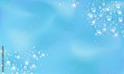 Soft blue blank wallpaper with realistic 3d pure water drops or condensation on surface. Widescreen banner with rain droplets or dew pattern as frame. Aqua fresh banner with collagen or water texture