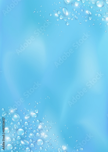 Template of blue banner with realistic pure water drops frame and empty space for text. Wallpaper with 3d shiny dew  water blobs. Blank backdrop with rain droplets or aqua splashes and water texture