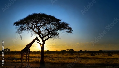 Alone tree on the left in the savanna against a black silhouette background of a stunning sunset.