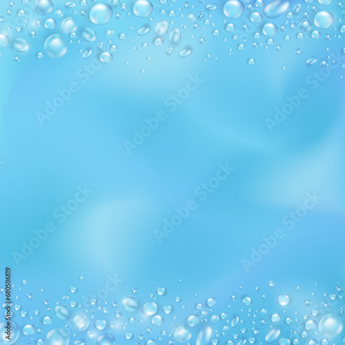 Template of blue banner with realistic pure water drops frame and empty space for text. Wallpaper with 3d shiny dew, water blobs. Square backdrop with rain droplet or aqua splashes and water texture