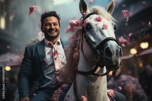 In the Realm of Success: A confident businessman on a unicorn represents the fantastical yet ambitious concept of achieving unprecedented success, the true essence of a business unicorn photo