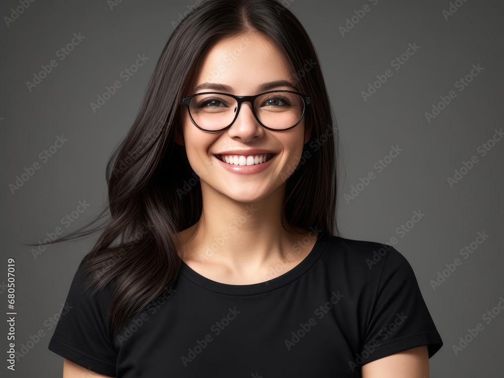 Portrait of a Confident Woman with Dark Black Hair and Glasses, Smiling Radiantly Portrait of a Confident Woman with Dark Black Hair and Glasses, Smiling Radiantly