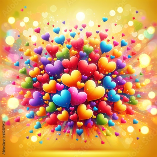 Vibrant explosion of colorful hearts with glowing effects on a yellow background in a festive and fun illustration