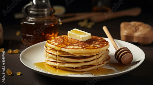 Pancakes with honey. Delicious breakfast. Generative AI