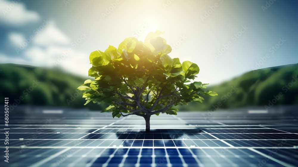 A young, vibrant tree sprouting from the center of a field of solar panels, symbolizing the growth of renewable energy and a sustainable future with zero carbon emissions. - obrazy, fototapety, plakaty 