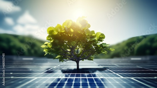 A young, vibrant tree sprouting from the center of a field of solar panels, symbolizing the growth of renewable energy and a sustainable future with zero carbon emissions. photo