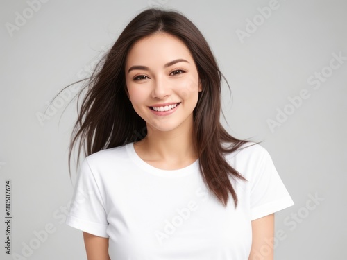 Portrait of a Woman with Dark Brown Hair  Smiling Gracefully