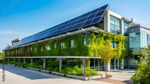 A contemporary, ecofriendly university campus featuring advanced solar panels and wind turbines, showcasing commitment to sustainable energy and reducing carbon footprint.