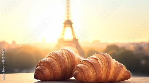 croissant against the background of the Eiffel Tower.Generative AI