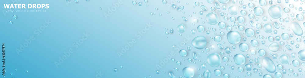 Template of blue panoramic banner with realistic  pure water drops frame and space for text. Header with 3d shiny dew, water blobs. Blank billboard with rain droplets or aqua splashes overlay