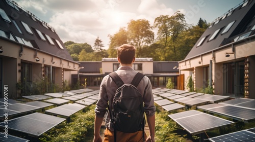 A young, environmentally conscious student gazes thoughtfully at a field of solar panels, contemplating a future powered by sustainable, renewable energy sources. photo