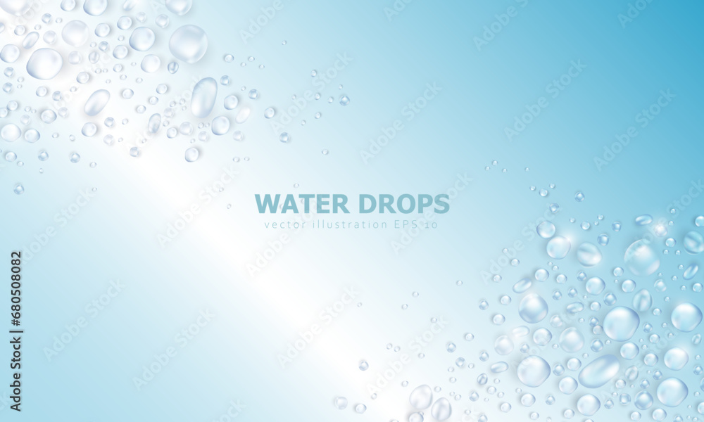 Soft blue vector wallpaper with realistic 3d pure water drops or condensation on surface. Widescreen banner with rain droplets or dew pattern as frame. Aqua fresh banner with collagen or water texture