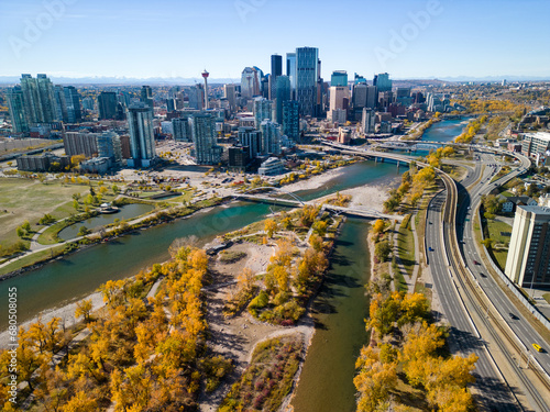 Downtown Calgary skyline and Bow River in autumn season. Aerial view of City of Calgary  Alberta  Canada.