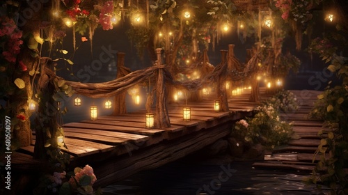 A rustic wooden bridge adorned with twinkling fairy lights, leading to a destination of love and happiness.
