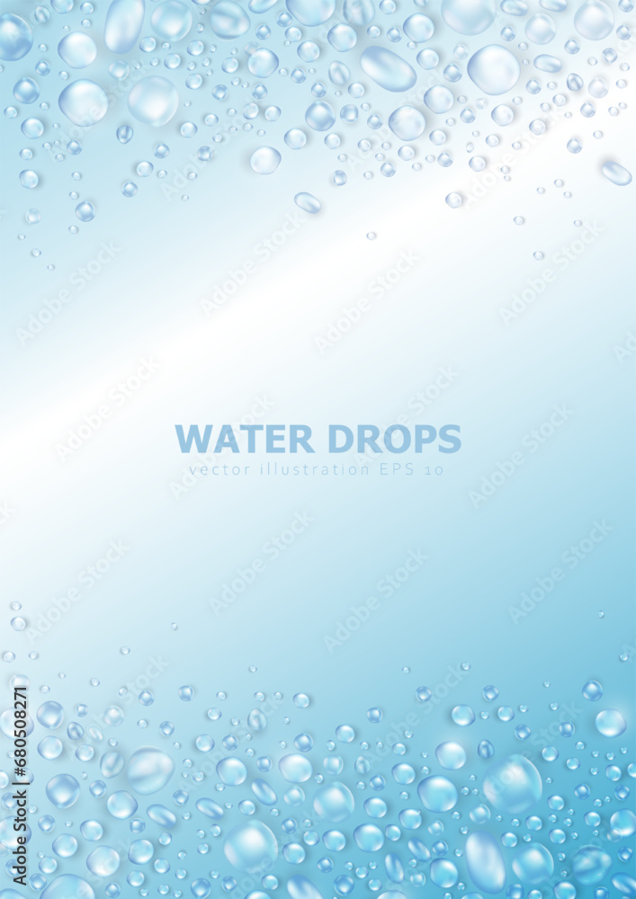 Soft blue blank wallpaper with realistic 3d pure water drops or condensation on surface. Vertical banner with rain droplets or dew pattern as frame. Aqua fresh banner with collagen or water texture