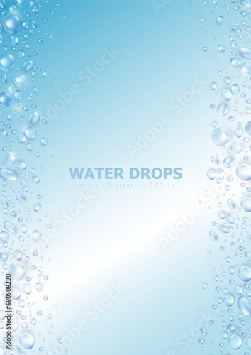 Realistic water drops or dew background with space for text. Template of soft blue vector vertical banner with condensation texture or rain droplets. Aqua fresh card with 3d water bubble frame