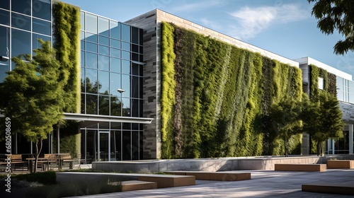 A contemporary educational building featuring a vertical garden, with vibrant greenery covering its facade, reflecting sustainable and ecofriendly design in a modern academic setting.