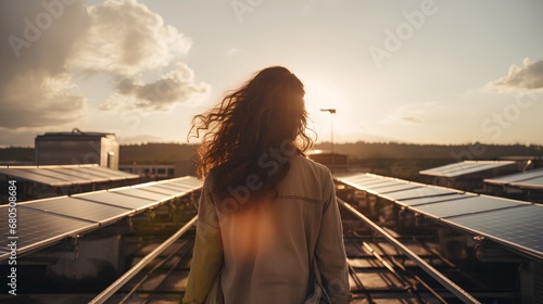 A young, environmentally conscious student gazes thoughtfully at a field of solar panels, contemplating a future powered by sustainable, renewable energy sources.