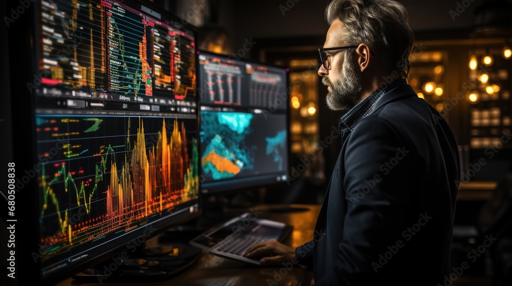 Analytical gaze: A stock market trader studies the intricate details of financial statistics, deep in concentration as they navigate the complexities of market trends Analytical gaze: A stock market trader studies the intricate details of financial statistics, deep in concentration as they navigate the complexities of market trends
