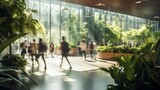Modern sustainable university interior featuring biophilic design elements, with green walls and potted plants, bustling with students and faculty in motion blur, reflecting ecofriendly education.