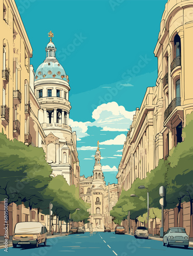 A Street With Trees And Buildings - Madrid spain vacation Poster