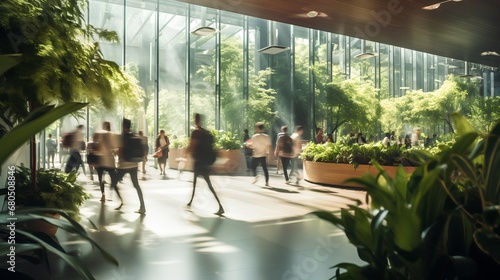 Modern sustainable university interior featuring biophilic design elements, with green walls and potted plants, bustling with students and faculty in motion blur, reflecting ecofriendly education. photo