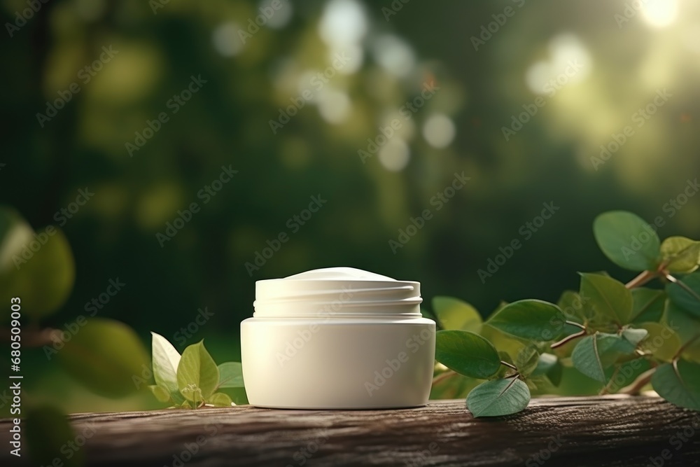 Cosmetic cream jar mock up with green leaves on nature background Cosmetic cream jar mock up with green leaves on nature background