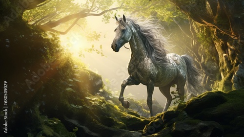 the incredible moment when the amazing forest horse merges with the spirit of the forest  becoming one with nature.