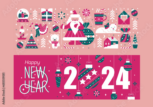 New Year vector collection of elements for postcards, stickers, posters. Template for the 2024 banner with Christmas toys.