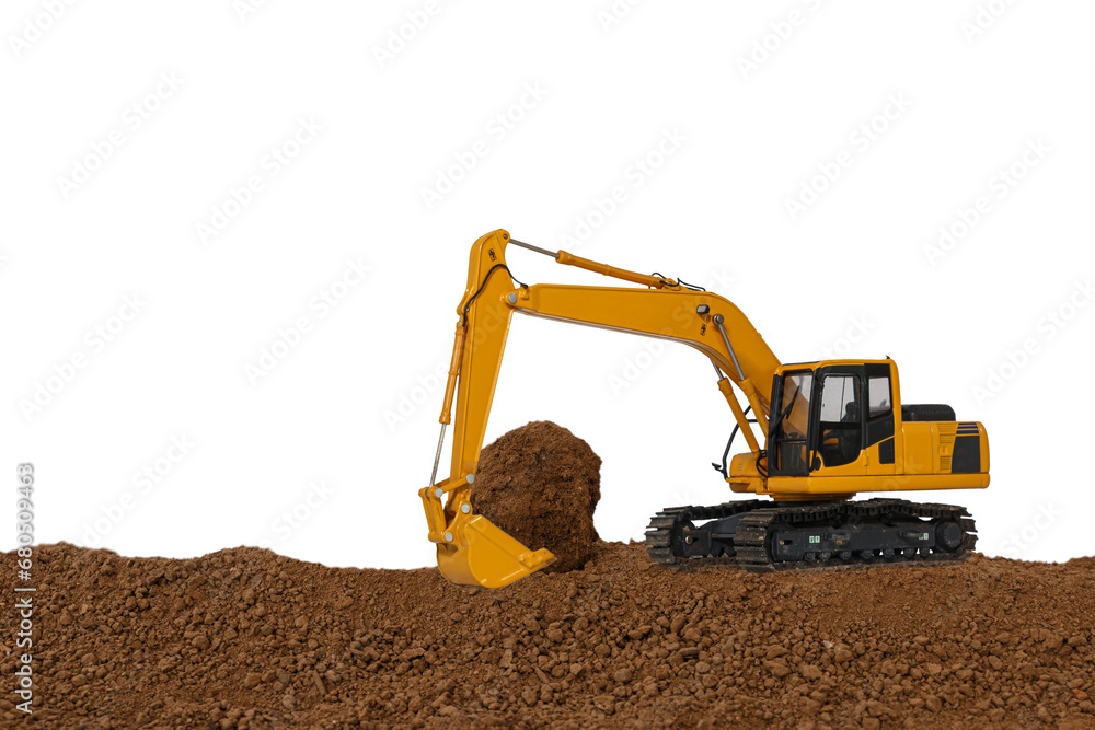 Obraz premium Crawler Excavator is digging soil in the construction site on isolated white background.