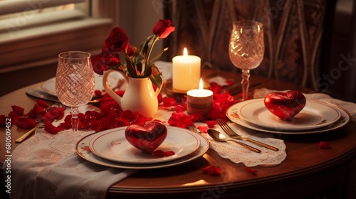 A table set for two, adorned with elegant dinnerware, waiting for a romantic Valentine's Day celebration.