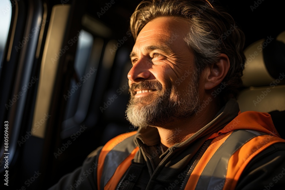 Breathe and unwind: A truck driver finds a quiet spot, leaning on the hood, taking a break to relax and enjoy the surroundings Breathe and unwind: A truck driver finds a quiet spot, leaning on the hood, taking a break to relax and enjoy the surroundings