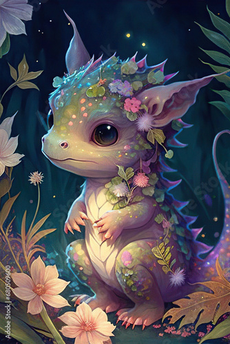 Little dragon with flowers on a dark background, Year of the Dragon, fairy tale ilustration, Generative AI