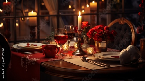 A table set for two with exquisite dinnerware and a bottle of champagne  awaiting a romantic Valentine s Day celebration.