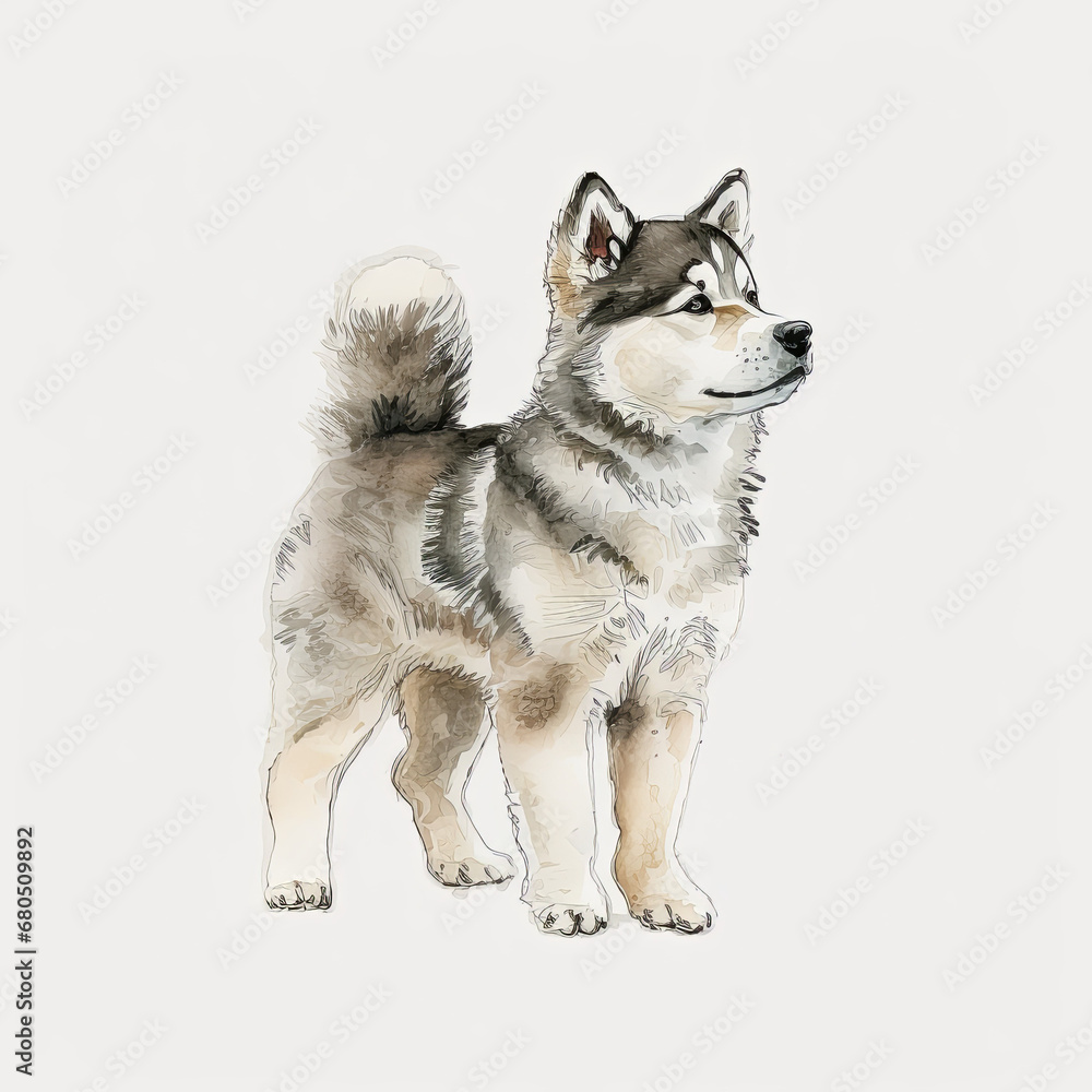Adorable Alaskan Malamute Dog Portrait in Watercolor