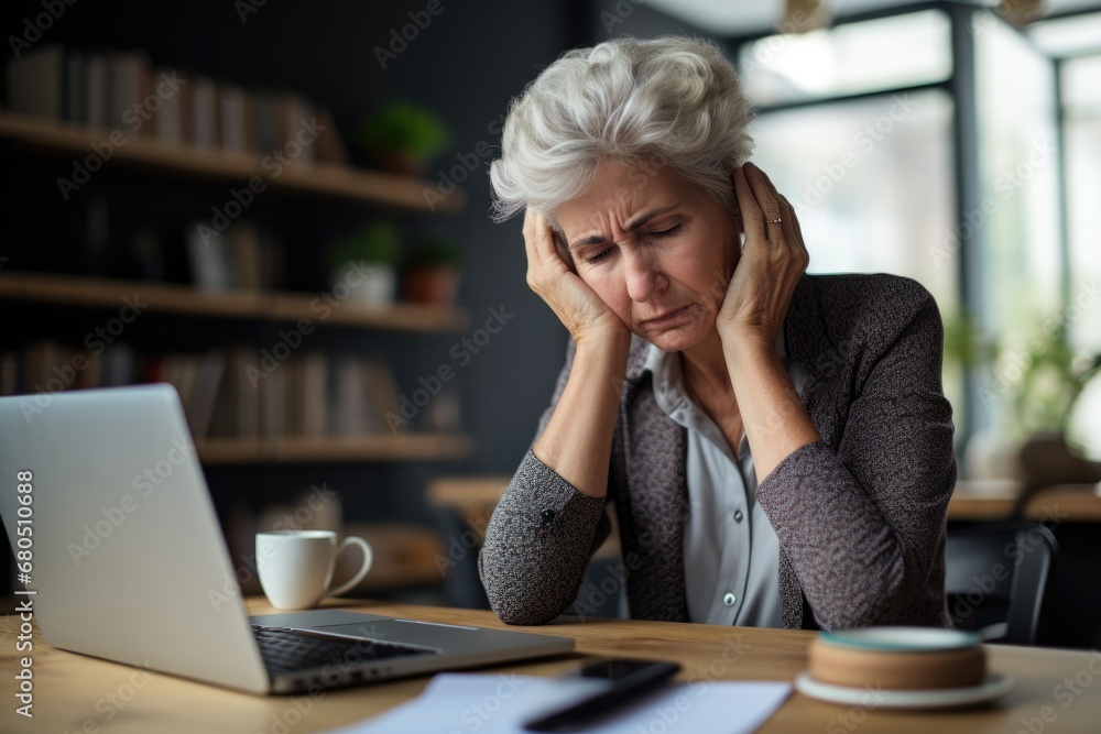 Tired elderly woman holding his head in hands Tired elderly woman holding his head in hands