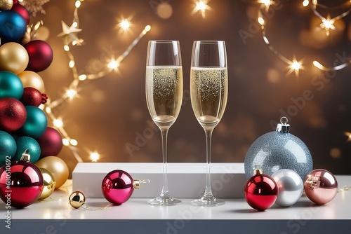 glasses of champagne with new year decorations and baubles on table against blurred background glasses of champagne with new year decorations and baubles on table against blurred background new year '