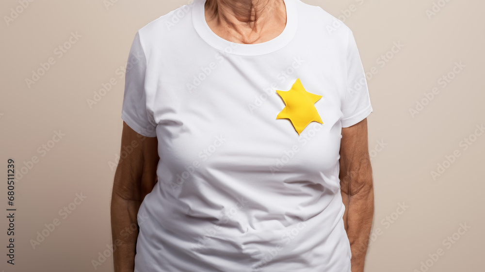 Old person with Jewish badge, the Star of David patch white t shirt. International Holocaust Remembrance Day Old person with Jewish badge, the Star of David patch white t shirt. International Holocaust Remembrance Day