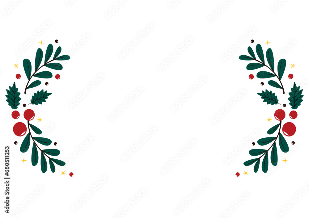 Fototapeta premium Merry Christmas frame. Elegant Merry Christmas and New Year 2023 Cards with Pine Wreath, Mistletoe, Winter plants design illustration for greetings card.