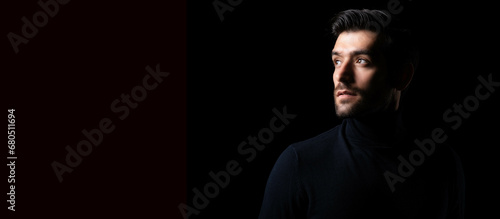 Leadership young business man portrait Attractive bearded confident guy get confident He look at blank space Smart guy stand in dark room Confident Cool man looking away copy space Business concept