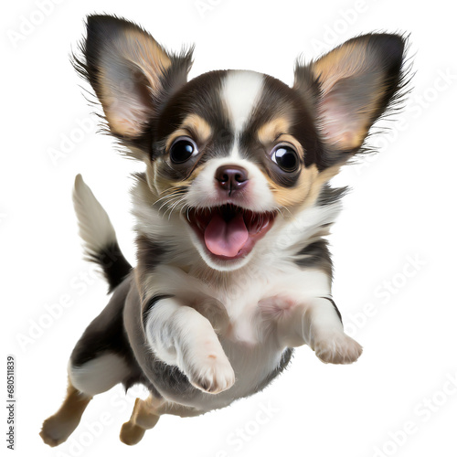 Cute chihuahua puppy jumping. Playful dog cut out at background. photo